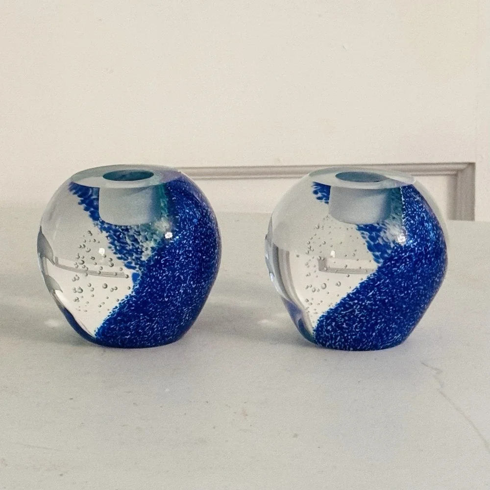 2 Lenox‎ Undersea Paradise Votive Crystal Blue Swirl Dolphin, Made in Scotland